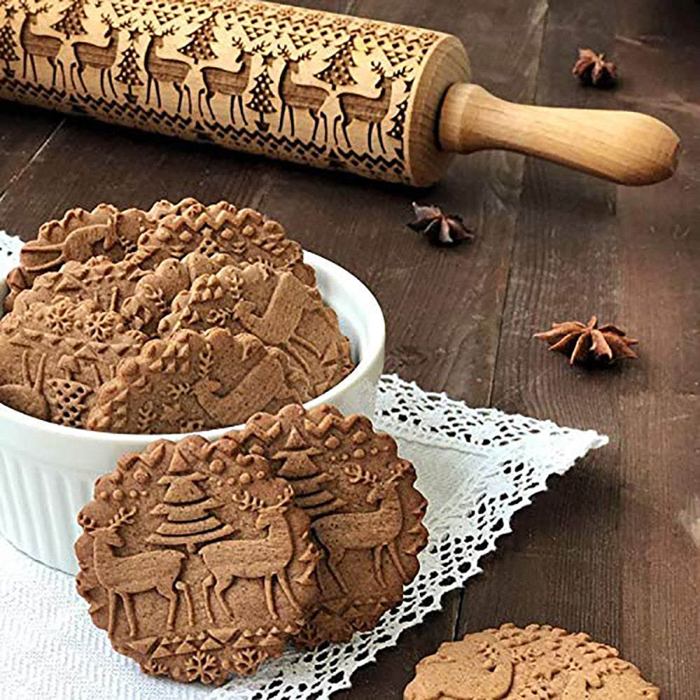 Christmas Engraved Roller Reindeer Snowflake Embossing Rolling Pin Cookies Noodle Biscuit Fondant Cake Dough walek do ciasta FB