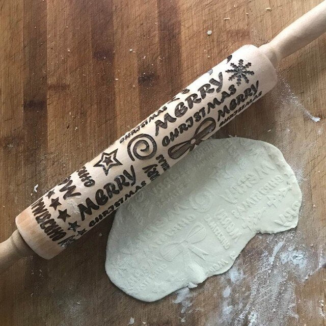 Christmas Embossing Rolling Pin Baking Cookies Noodle Biscuit Fondant Cake Dough Engraved Roller Reindeer Snowflake