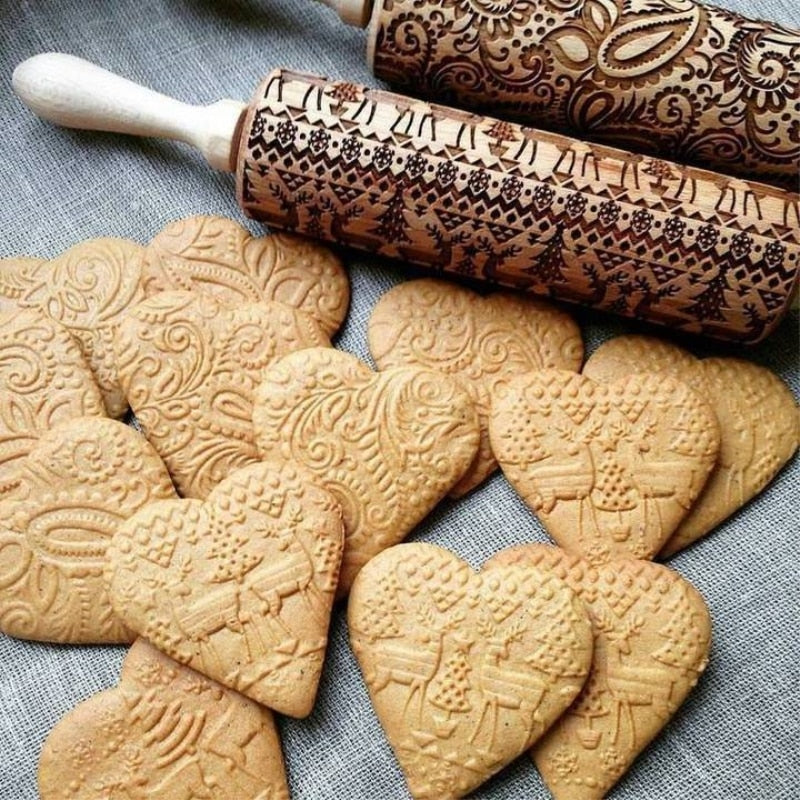 Christmas Embossing Rolling Pin Baking Cookies Noodle Biscuit Fondant Cake Dough Engraved Roller Reindeer Snowflake