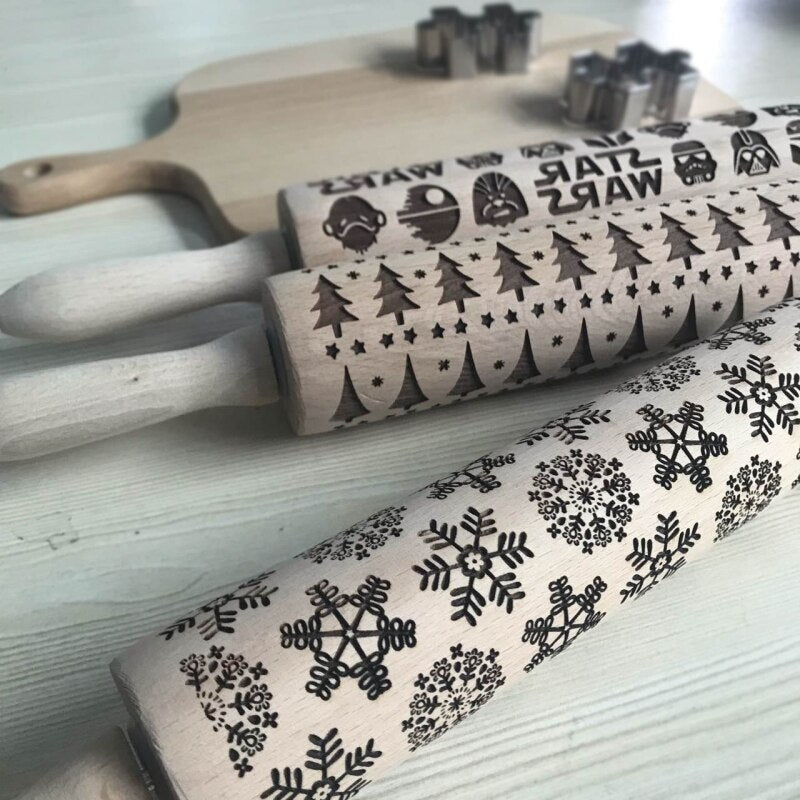 Christmas Embossing Rolling Pin Baking Cookies Noodle Biscuit Fondant Cake Dough Engraved Roller Reindeer Snowflake