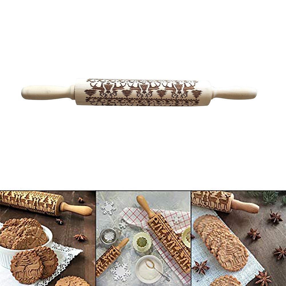 Christmas Engraved Roller Reindeer Snowflake Embossing Rolling Pin Cookies Noodle Biscuit Fondant Cake Dough walek do ciasta FB