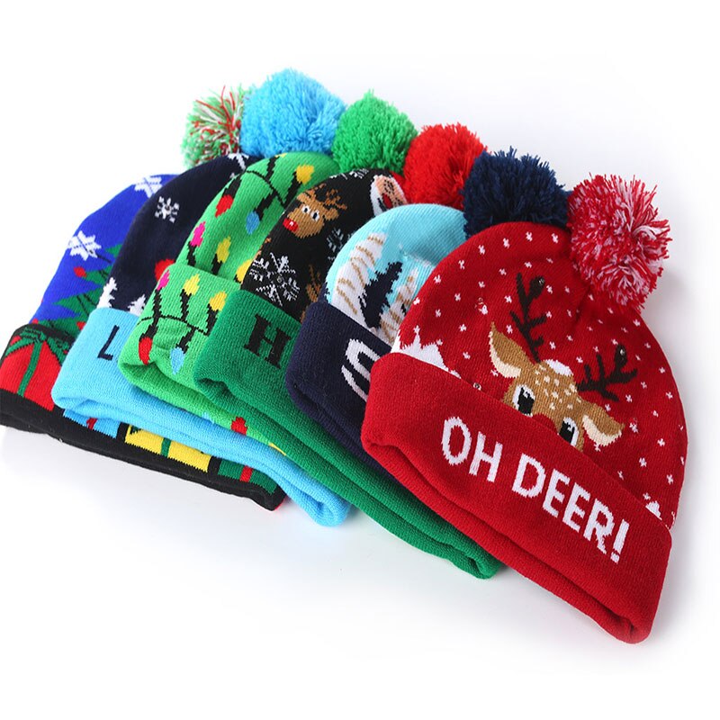 1PC Christmas Hats Sweater Santa Elk Knitted Beanie Hat With LED Light Up Christmas for Kids Adults Xmas Decor Gift